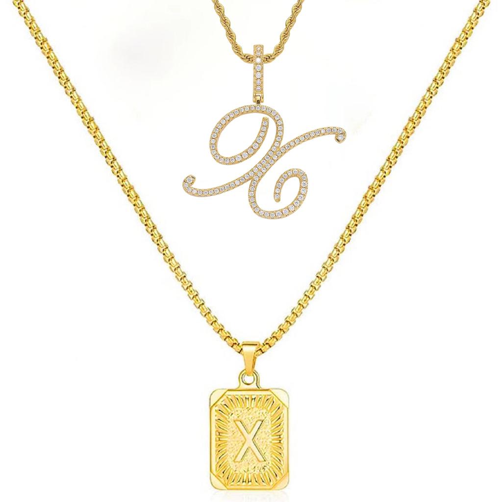 Set of 2 (2 initials necklace include gift), 26 letters necklace, floral alphabet necklace, 20'' Letter Pendant + 24'' Rectangular Tag, buy 1 letter necklace get 1 floral initial necklace free.