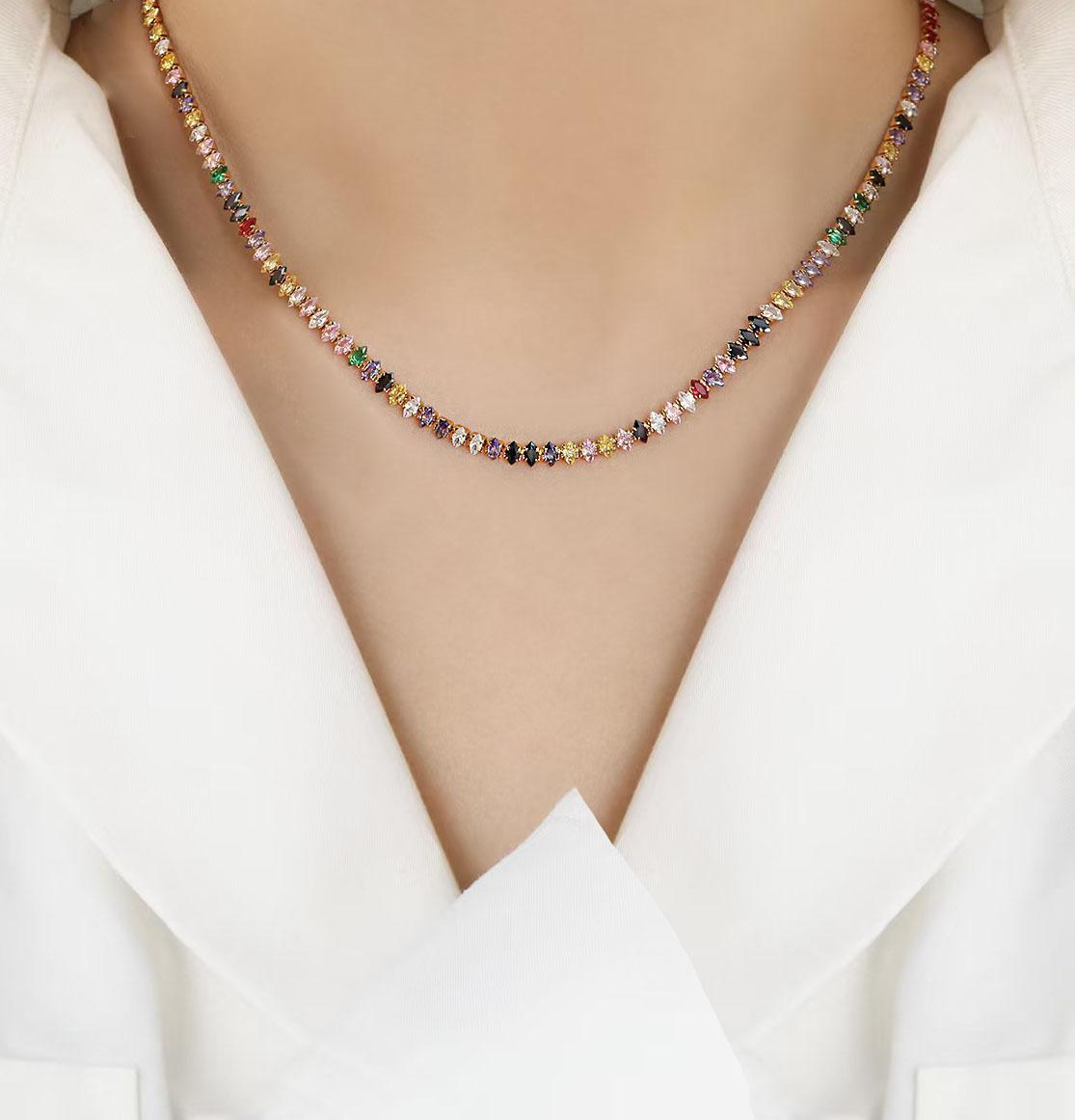Vibrant Rainbow Tennis Necklace with Multi-Color Zircon, Stainless Steel, Stylish Tennis cable necklace for Women, Zirconia Jewelry