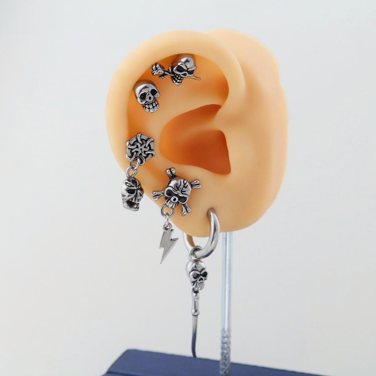 Skull head Helix Cartilage Stud Earring with Flat Back – Stainless Steel, Unisex Piercing Jewelry for Men and Women