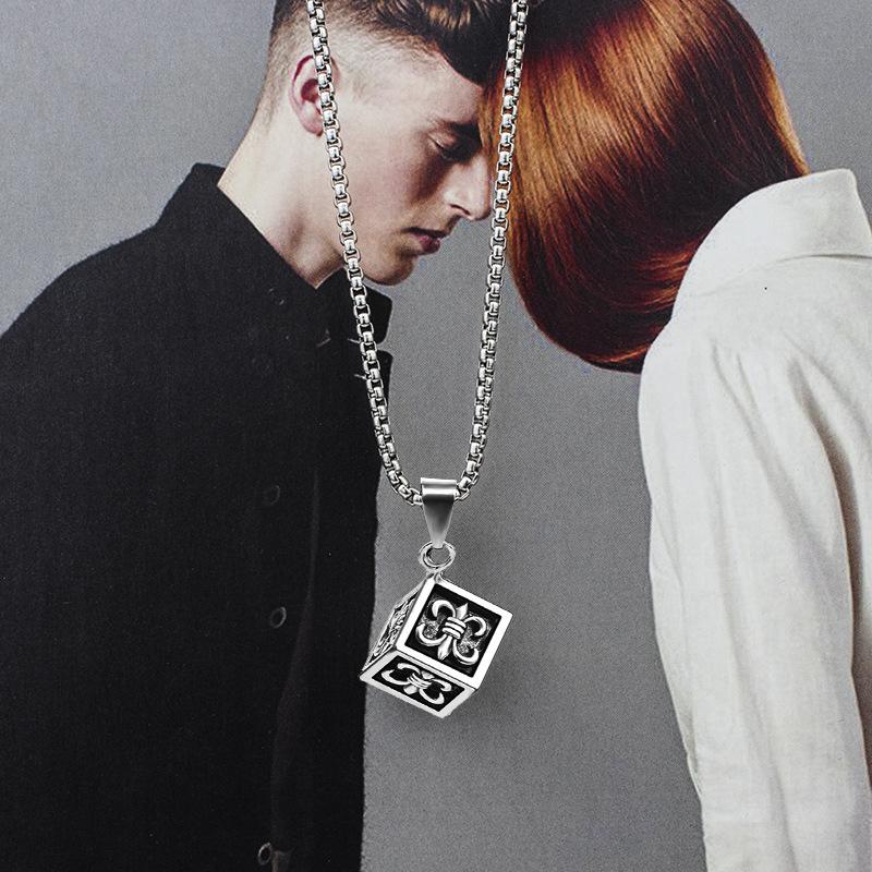 HN064:Hip-Hop Style Necklace,Fleur De Lis Cube Pendent Necklace For Women And Men