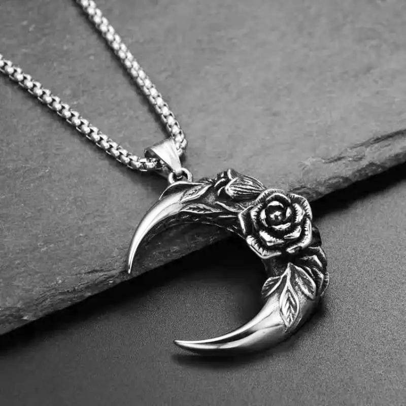HN077:Hip-Hop Style Necklace,Moon Crescent Shape Rose Flower Pendent Necklace For Women And Men