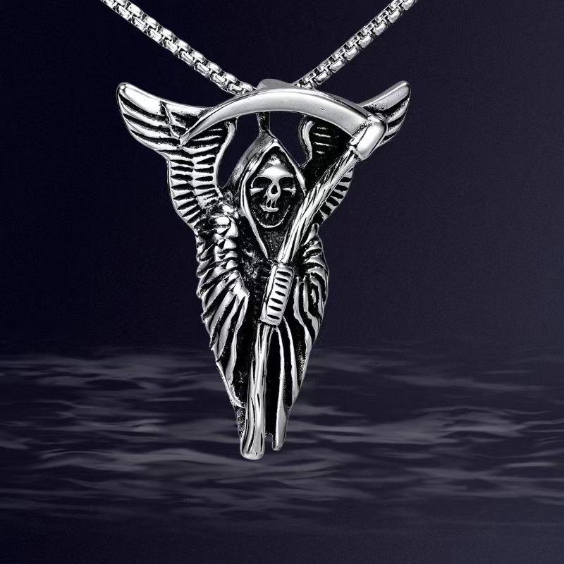 HN065:Hip-Hop Style Necklace,Gothic Grim Reaper Death Scythe Skull Necklace For Women And Men