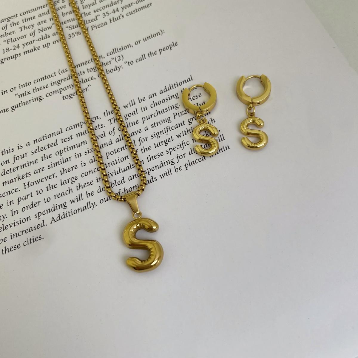 Initial Set/ Bubble Letter Necklace and Earrings, A-Z Balloon Initial Necklaces for Women Girls, stainless steel, Dainty Alphabet Pendant, Bold Puffy Name Necklace and Earrings