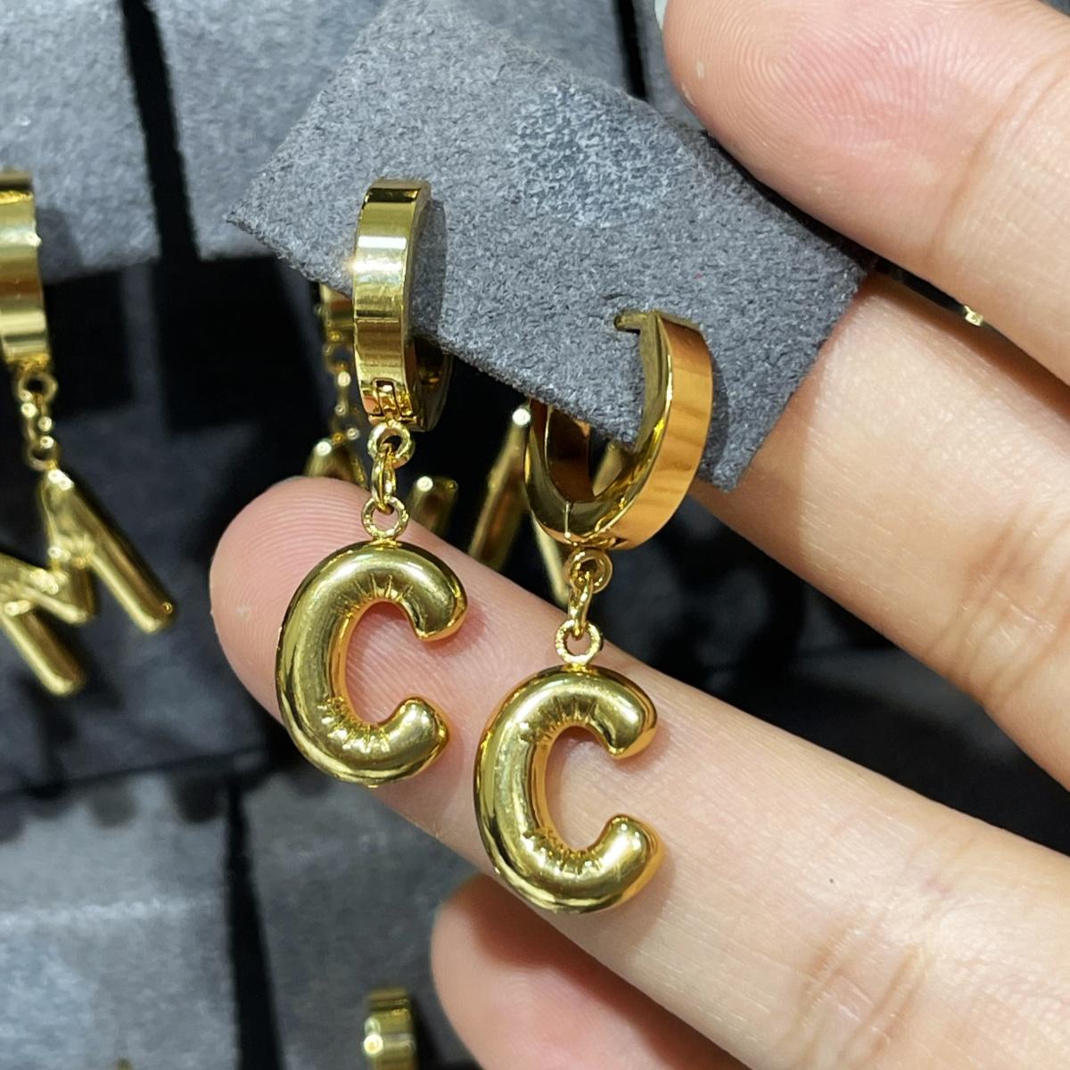 A-Z Bubble Letter Earlobe Earrings, Balloon Initial Hoop Earrings for Women,Stainless Steel, Elegant Puffy Alphabet Jewelry Gift for Women
