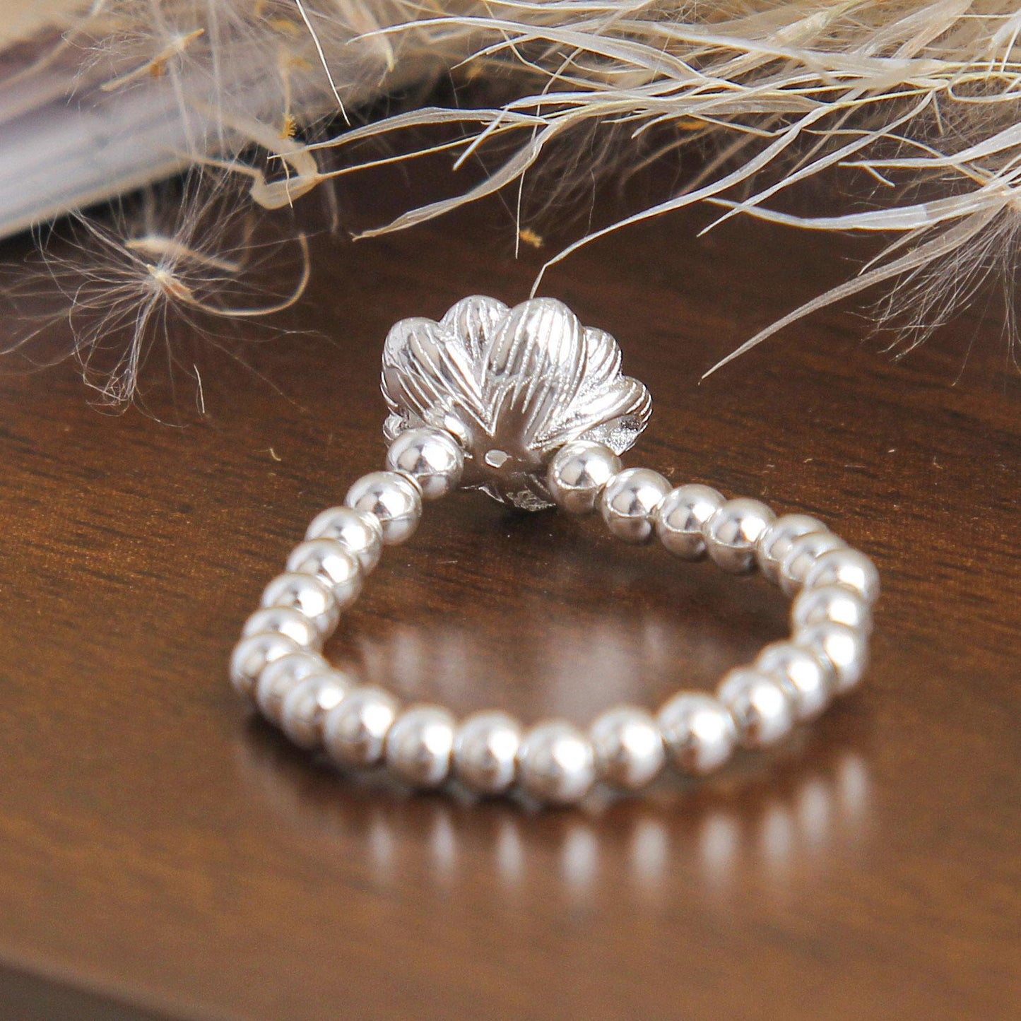 S925 Elegant White Lotus Charm Beaded Ring - Sterling Silver, Delicate Lotus Design, Pure and Graceful Fashion Accessory, Adjustable Ring for Women, Perfect Gift for Birthdays and Anniversaries