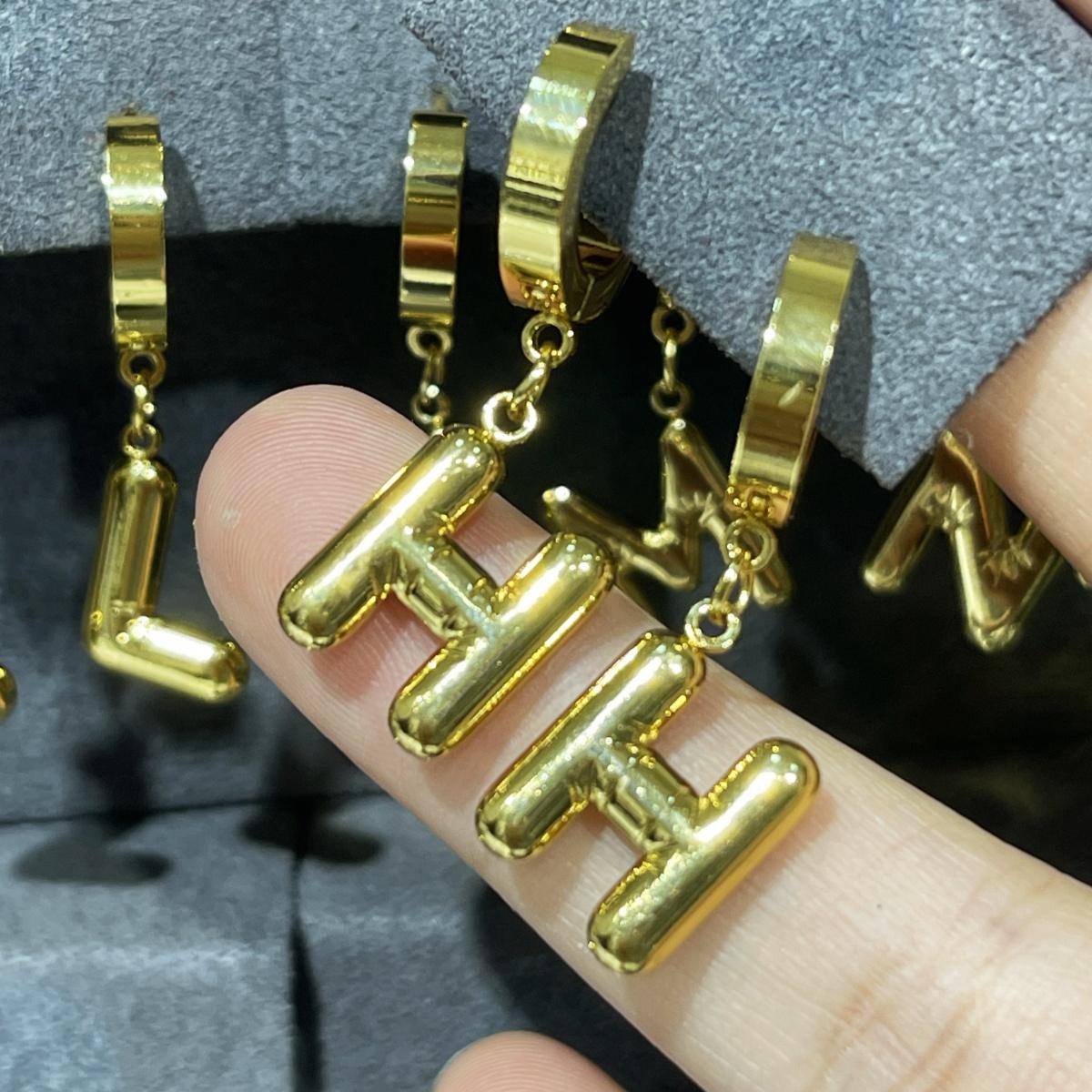 A-Z Bubble Letter Earlobe Earrings, Balloon Initial Hoop Earrings for Women,Stainless Steel, Elegant Puffy Alphabet Jewelry Gift for Women
