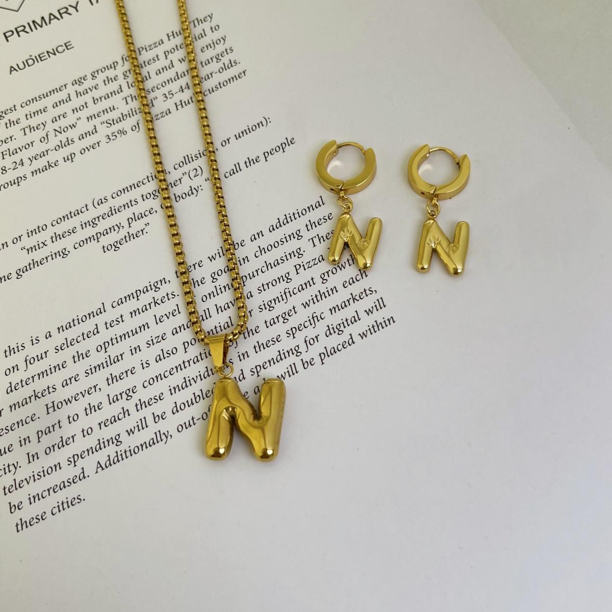 Initial Set/ Bubble Letter Necklace and Earrings, A-Z Balloon Initial Necklaces for Women Girls, stainless steel, Dainty Alphabet Pendant, Bold Puffy Name Necklace and Earrings