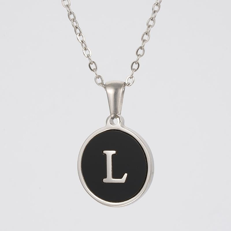 LN010:Stainless Steel Initial Necklace,Letter Detail Round Pendant Necklace For Women and Men