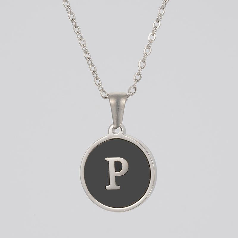 LN010:Stainless Steel Initial Necklace,Letter Detail Round Pendant Necklace For Women and Men