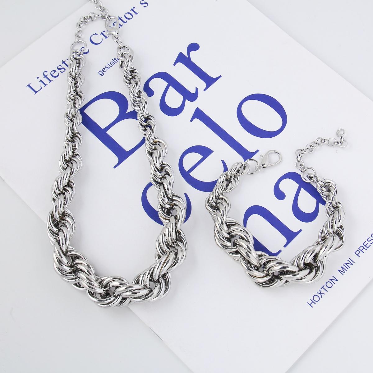 Set/ Bold Metal Twist Rope Chain Set – Statement Necklace & Bracelet, Chunky and Exaggerated Style, buy necklace get bracelet free