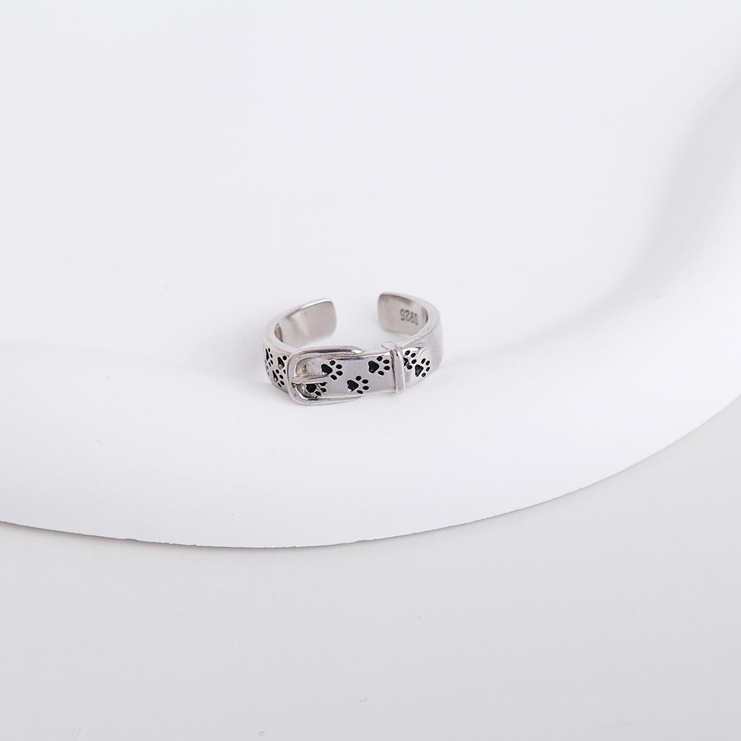 S925 Sterling Silver Adjustable Dog Collar Ring - Cute Buckle Design with Engraved Paw Prints, Open Band Pet-Themed Jewelry, Perfect Gift for Animal Lovers, Women, and Girls