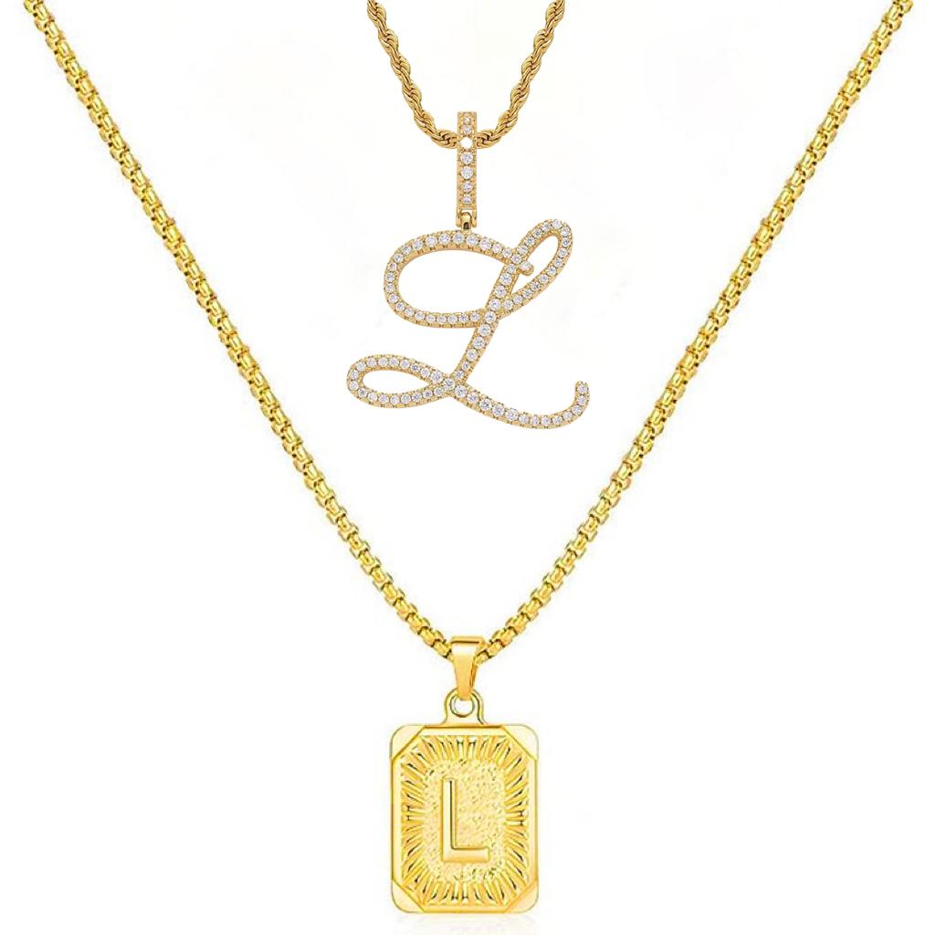 Set of 2 (2 initials necklace include gift), 26 letters necklace, floral alphabet necklace, 20'' Letter Pendant + 24'' Rectangular Tag, buy 1 letter necklace get 1 floral initial necklace free.
