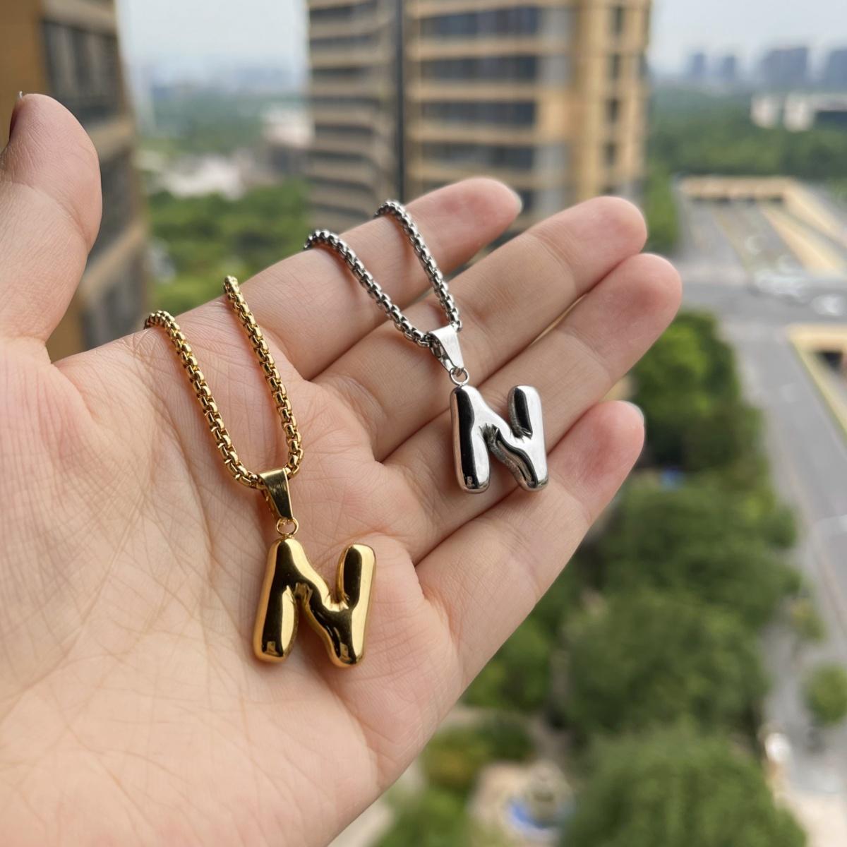LN011:Balloon Alphabet Necklace, Unique Bubble Initial Pendant with Box Chain - 26 Letters, Waterproof, Tarnish-Resistant, Stylish and Elegant Jewelry for Women and Girls