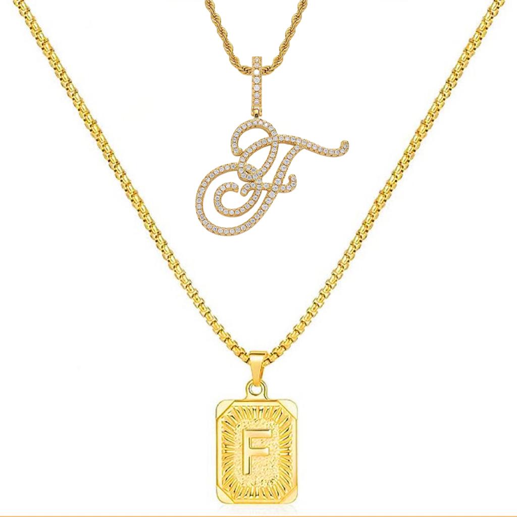 Set of 2 (2 initials necklace include gift), 26 letters necklace, floral alphabet necklace, 20'' Letter Pendant + 24'' Rectangular Tag, buy 1 letter necklace get 1 floral initial necklace free.