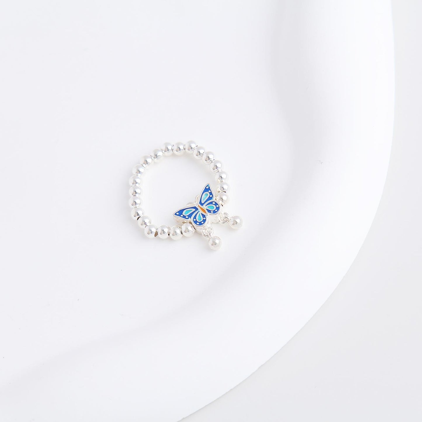S925 Colorful Butterfly Charm Beaded Ring - Sterling Silver, Exquisite Butterfly Design with Wings Suspend Beads, Vibrant Color Block Style, Perfect Gift for Women and Girls