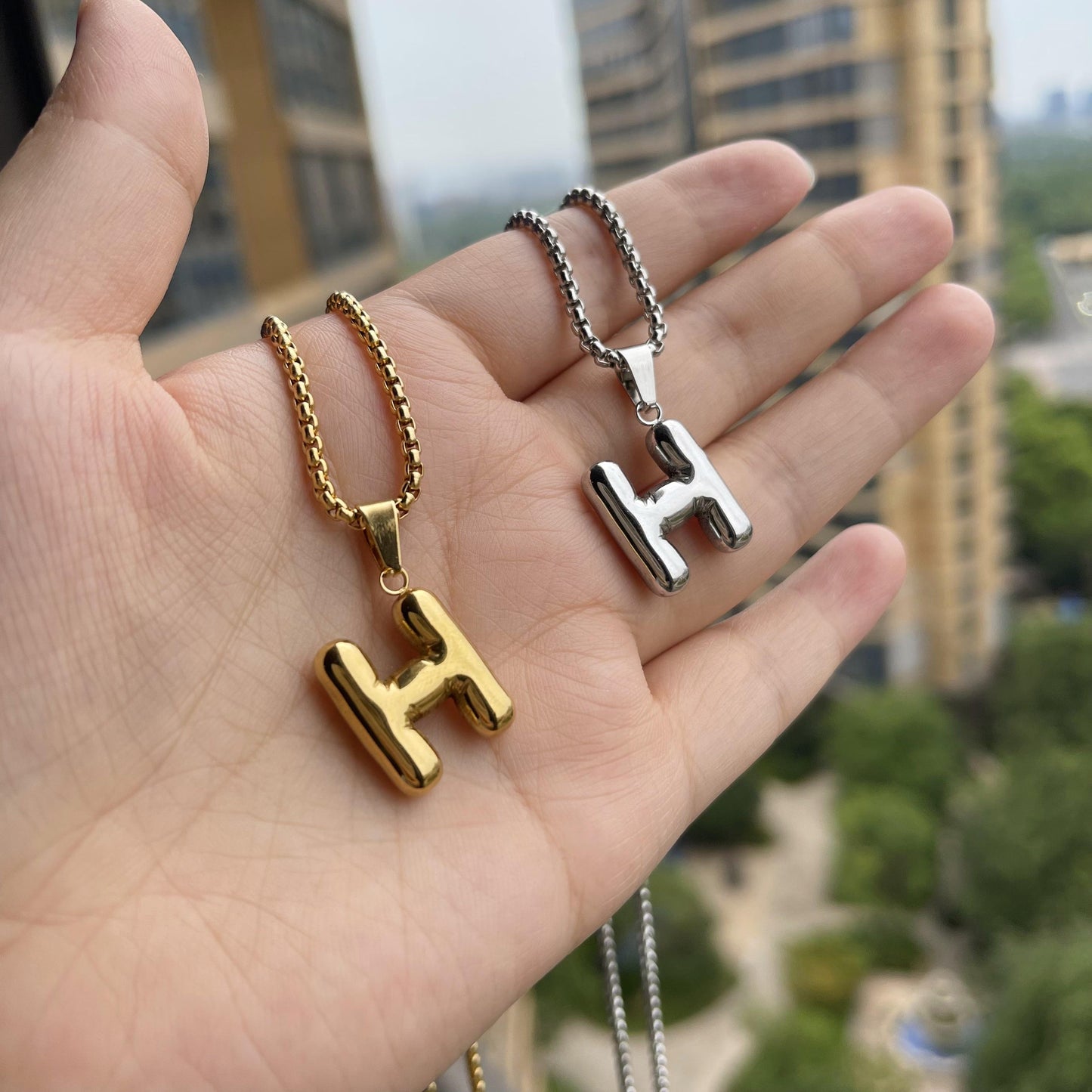 LN011:Balloon Alphabet Necklace, Unique Bubble Initial Pendant with Box Chain - 26 Letters, Waterproof, Tarnish-Resistant, Stylish and Elegant Jewelry for Women and Girls