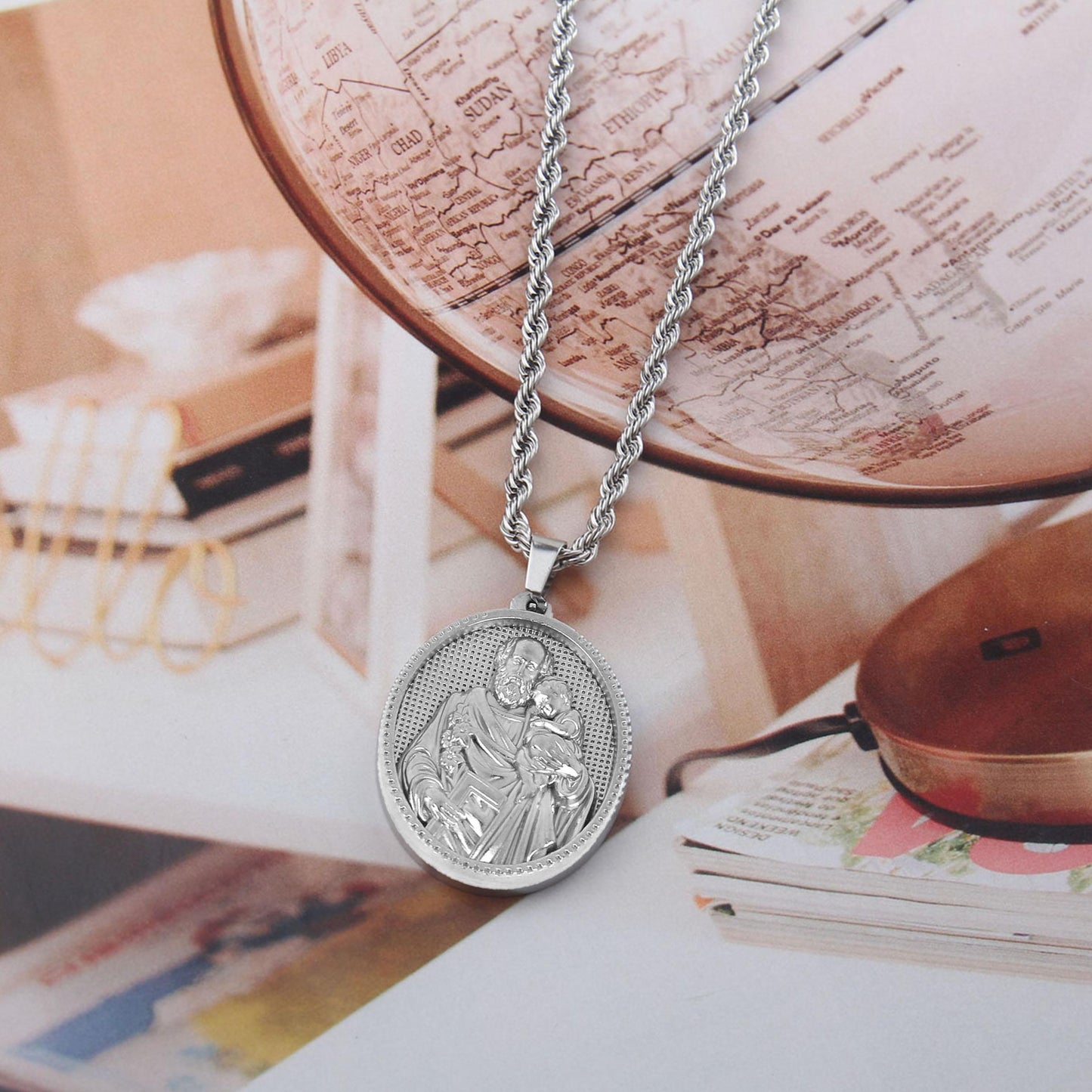 Saint Joseph and Jesus Guardian Father Pendant Necklace - Stainless Steel Religious Jewelry for Men, Christian Faith Symbol, Perfect Gift for Father's Day, Baptism, or Confirmation