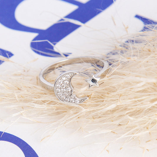 S925 Star and Moon Open Ring - Sterling Silver, Delicate Design with Star and Moon Accents, Adjustable Celestial Jewelry, Elegant Fashion Accessory for Women, Perfect Gift for Any Occasion