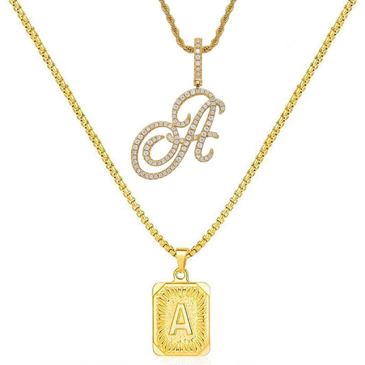 Set of 2 (2 initials necklace include gift), 26 letters necklace, floral alphabet necklace, 20'' Letter Pendant + 24'' Rectangular Tag, buy 1 letter necklace get 1 floral initial necklace free.