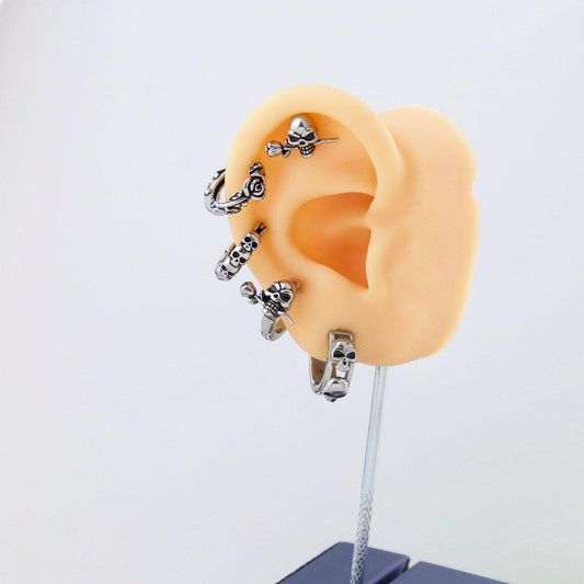 Set/Skull Design Helix Cartilage Hoop Earring Lobe Earring Stack  – Stainless Steel, Unisex Piercing Jewelry for Men and Women