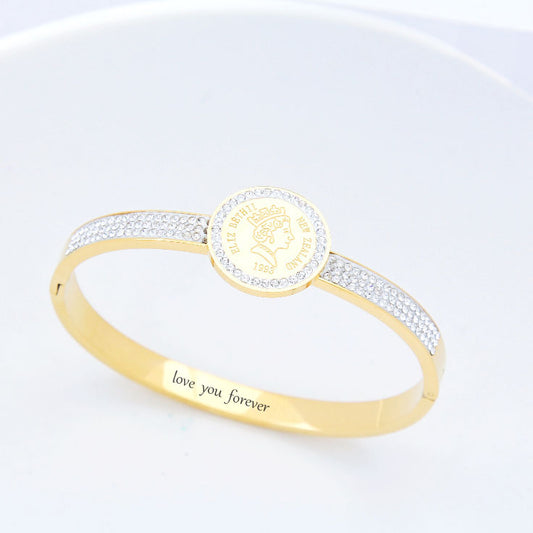 B64：Titanium Stainless Steel Coin Bangle Bracelet ,colour Not Fade, Waterproof ，Side Opening