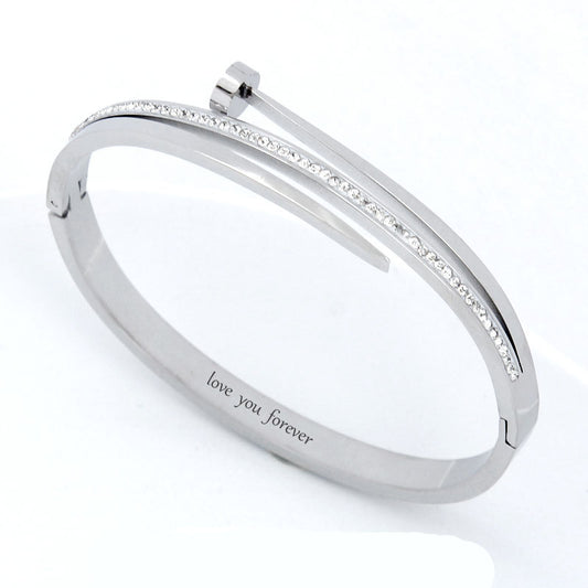 B82:Titanium Stainless Steel Classic Nail and Zircon Bangle Bracelet, colour Not Fade,Waterproof,Top Opening
