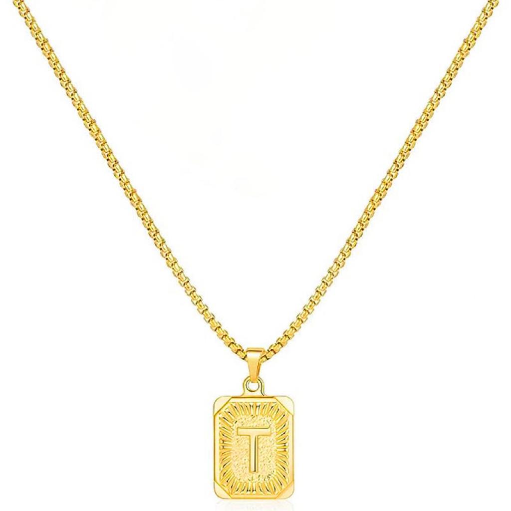 LN001:Initial A Z Letter Pendant Necklace Mens Womens Capital Letter Yellow Gold Plated Stainless Steel Box Chain