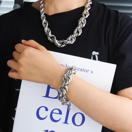 Set/ Bold Metal Twist Rope Chain Set – Statement Necklace & Bracelet, Chunky and Exaggerated Style， buy necklace get bracelet free