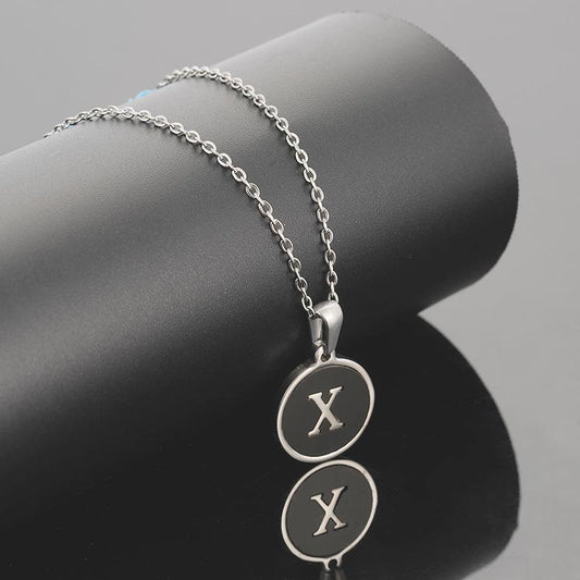 LN010:Stainless Steel Initial Necklace,Letter Detail Round Pendant Necklace For Women and Men