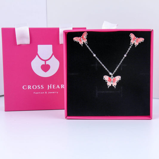 S925 Sterling Silver set for women-Coral Butterfly Pendant，Simple and Timeless, Dainty Gifts for Mom ，Daughter， Girlfriend.