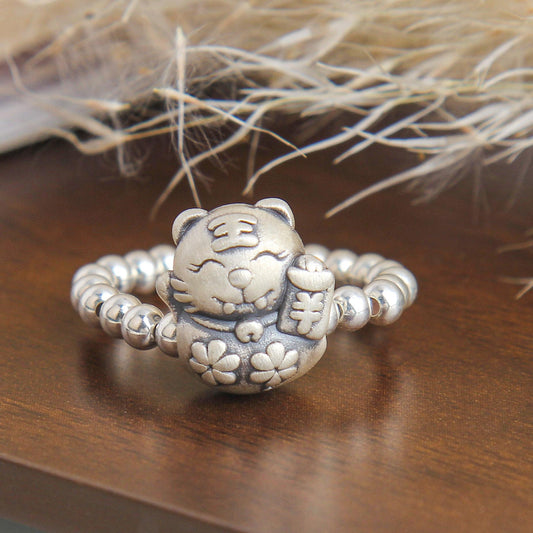 S925 Cute Smiling Tiger Beaded Ring - Sterling Silver, Playful Tiger Design with Beaded Band, Adorable Fashion Accessory for Any Occasion, Perfect Gift for Women, Girls, and Kids