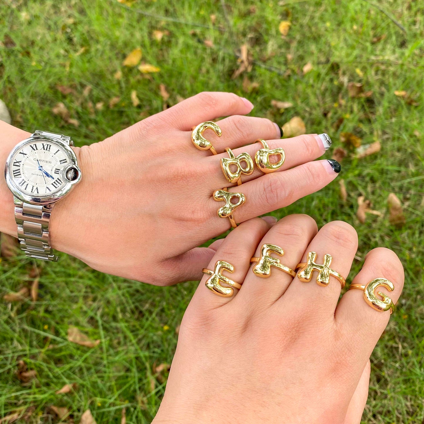 Bubble Initial Rings - Unique balloon Letter Rings, Brass, Adjustable Open A-Z Alphabet, Stylish Fashion Gift Jewelry for Women