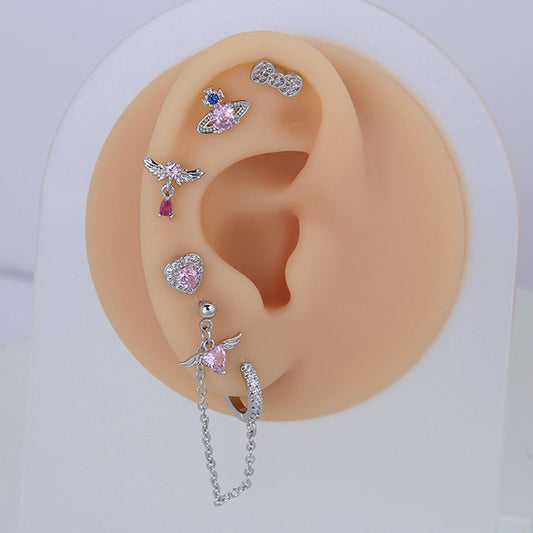 Set / 8 studs Mixed Piercing Earring Set, pink Cute and Cool style for Cartilage and Helix with Pink Zircon and Chains - Stainless Steel, Barbells, Flatback, Pretty Zircon Studs and Hoops for Women and Girls"