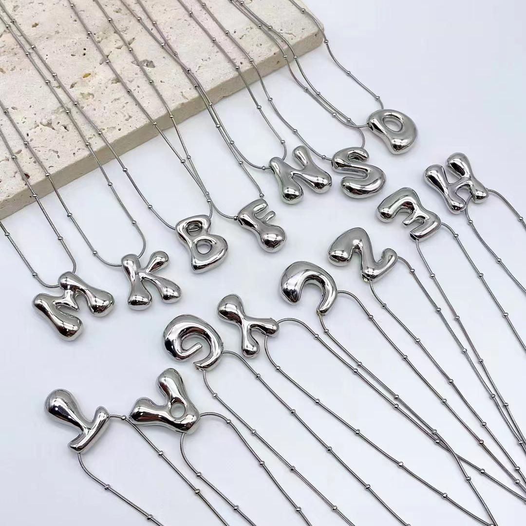 Bold Bubble Initial Necklace, Unique Font Letter Pendant with Satellite Chain – 26 Letters, Brass, Waterproof, Non-Tarnish, Stylish Jewelry Gift for Women.