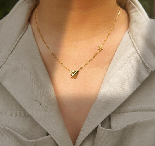 set/ necklace, bracelet, anklet Minimalist Stainless Steel Necklace with Origami Airplane and Star Charms， Stylish for summer，daily wearing