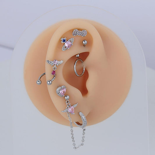 8 Counts Set/ Multi-Piercing studs Set, Sweet Edgy Design Cartilage Helix with Pink Zircon and Chain Link - Stainless Steel, Barbell, labrets,flatback,Dainty Zirconia Ear Studs and Daith Hoops for Women and Girls
