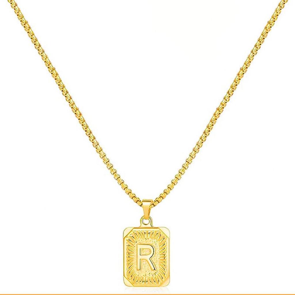 LN001:Initial A Z Letter Pendant Necklace Mens Womens Capital Letter Yellow Gold Plated Stainless Steel Box Chain