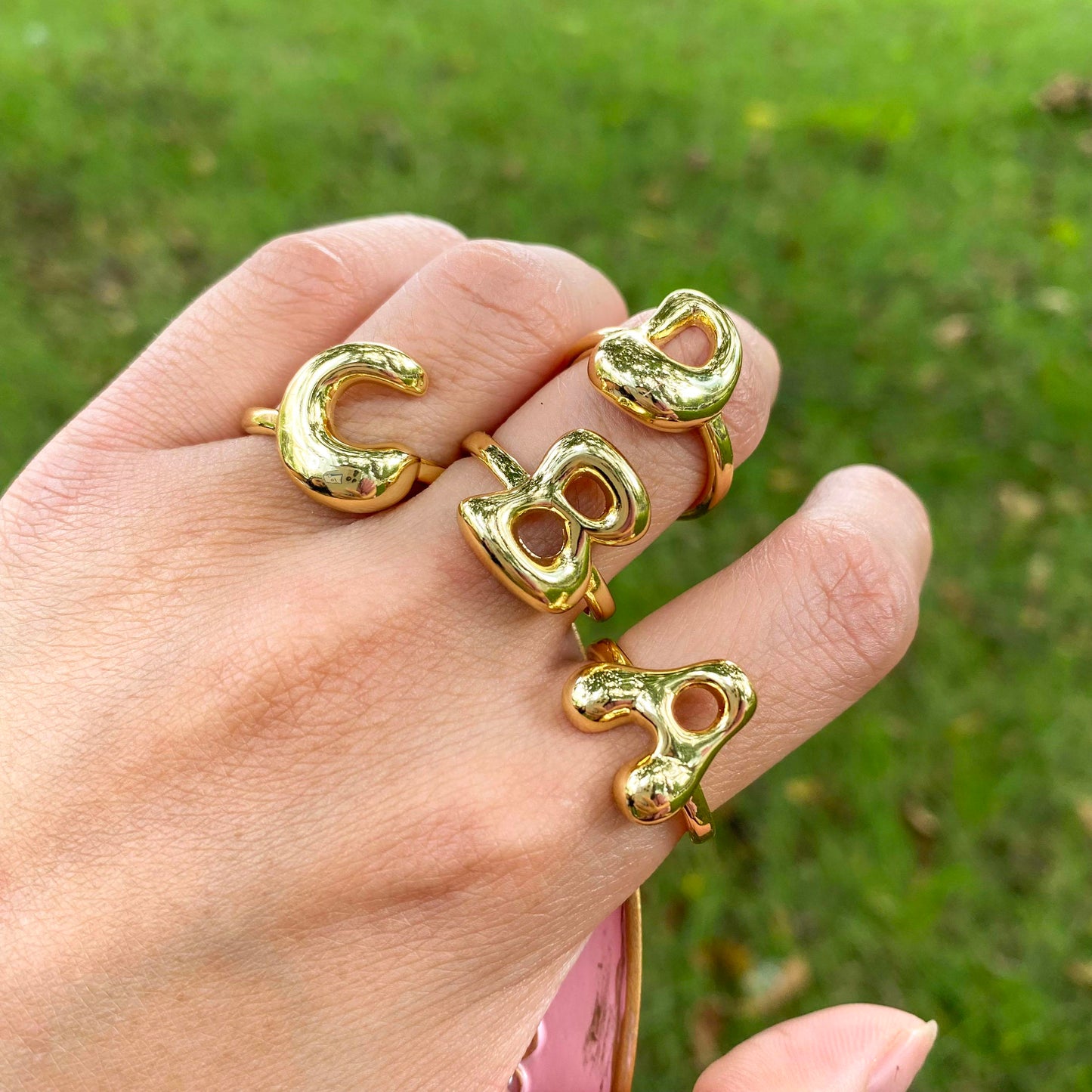 Bubble Initial Rings - Unique balloon Letter Rings, Brass, Adjustable Open A-Z Alphabet, Stylish Fashion Gift Jewelry for Women