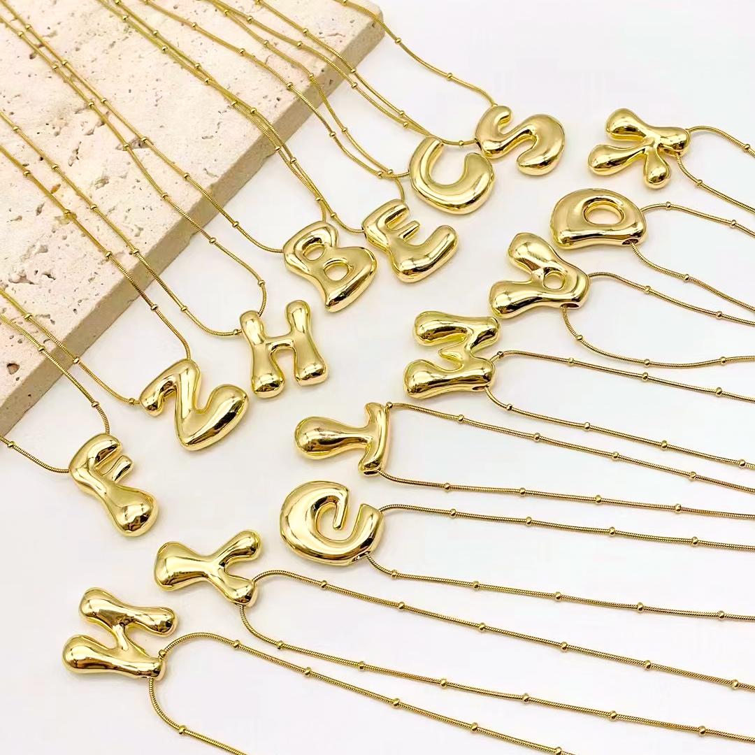 Bold Bubble Initial Necklace, Unique Font Letter Pendant with Satellite Chain – 26 Letters, Brass, Waterproof, Non-Tarnish, Stylish Jewelry Gift for Women.
