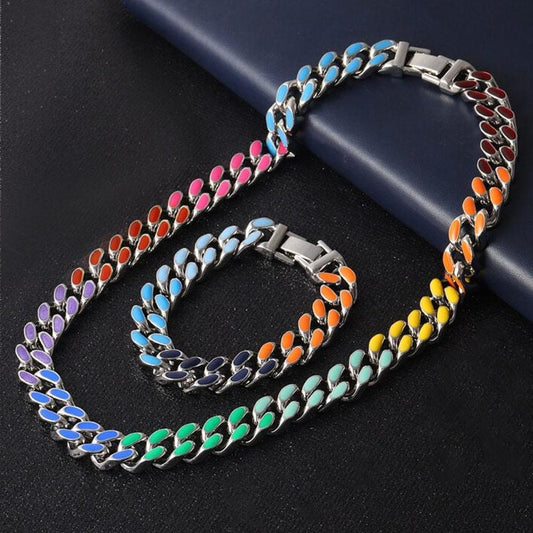 HN079:Hip-Hop Style Necklace,Colorful Rainbow Cuba Chain Neckalce And Bracelets For Women And Men