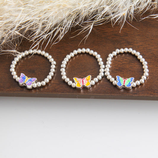 S925 Simple Cute Butterfly Charm Beaded Ring - Sterling Silver, Colorful Color Block Design with Three Different Color Options, Perfect Accessory for Women and Girls