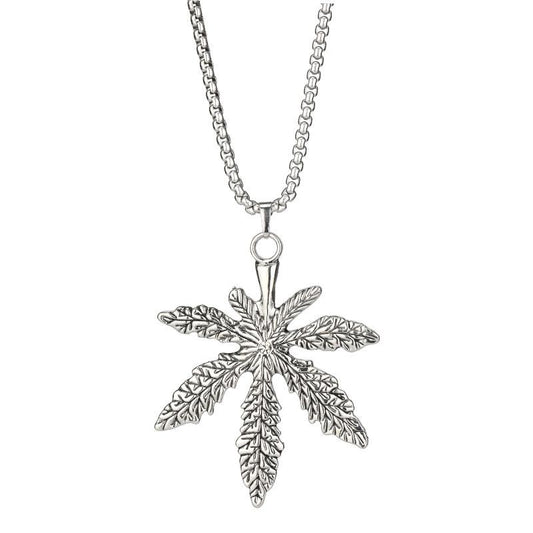 HN011:Hip-Hop Style Necklace, Pure Stainless Steel Hemp Leaf Pendant with 24 inch Chaine Necklace for Women and Men