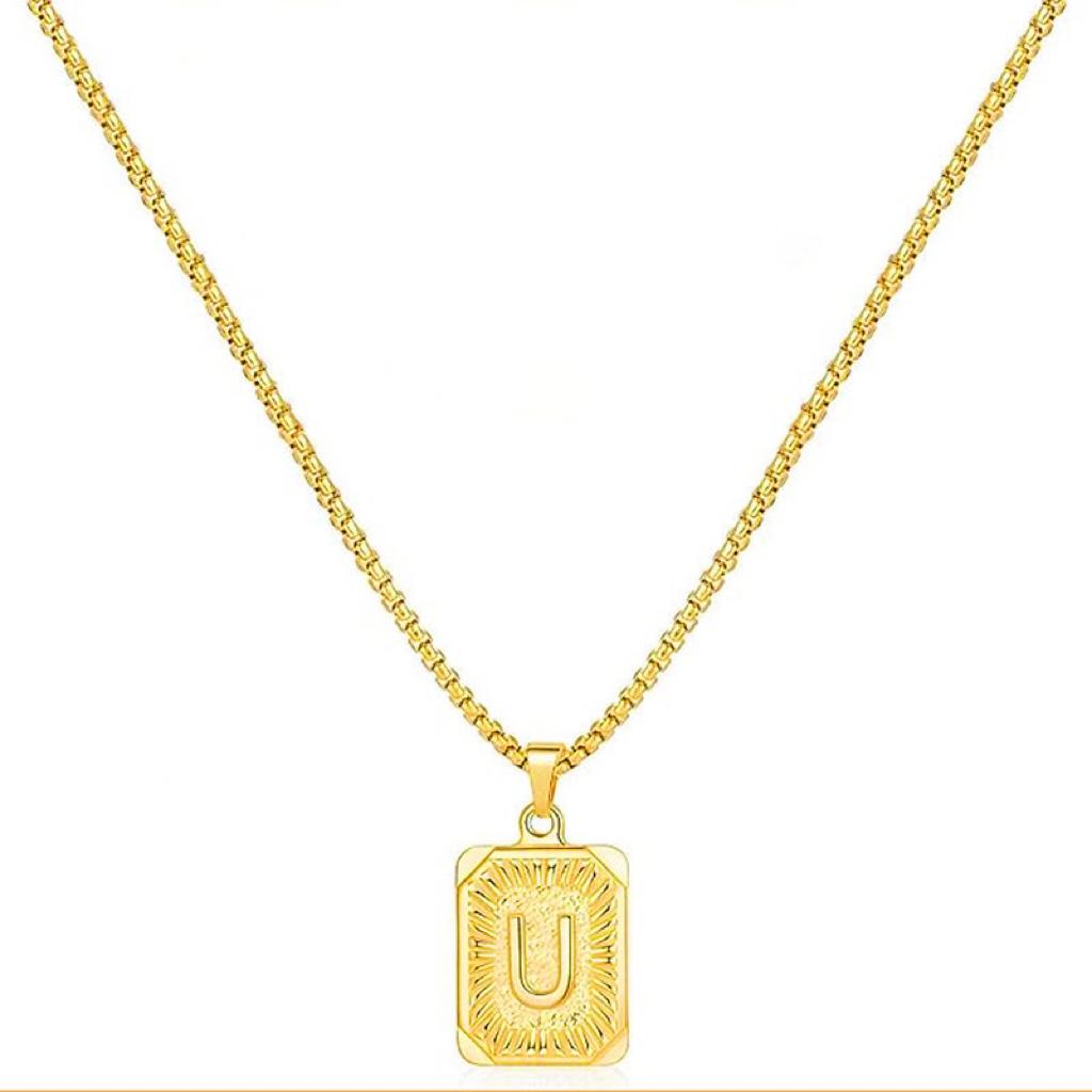 LN001:Initial A Z Letter Pendant Necklace Mens Womens Capital Letter Yellow Gold Plated Stainless Steel Box Chain