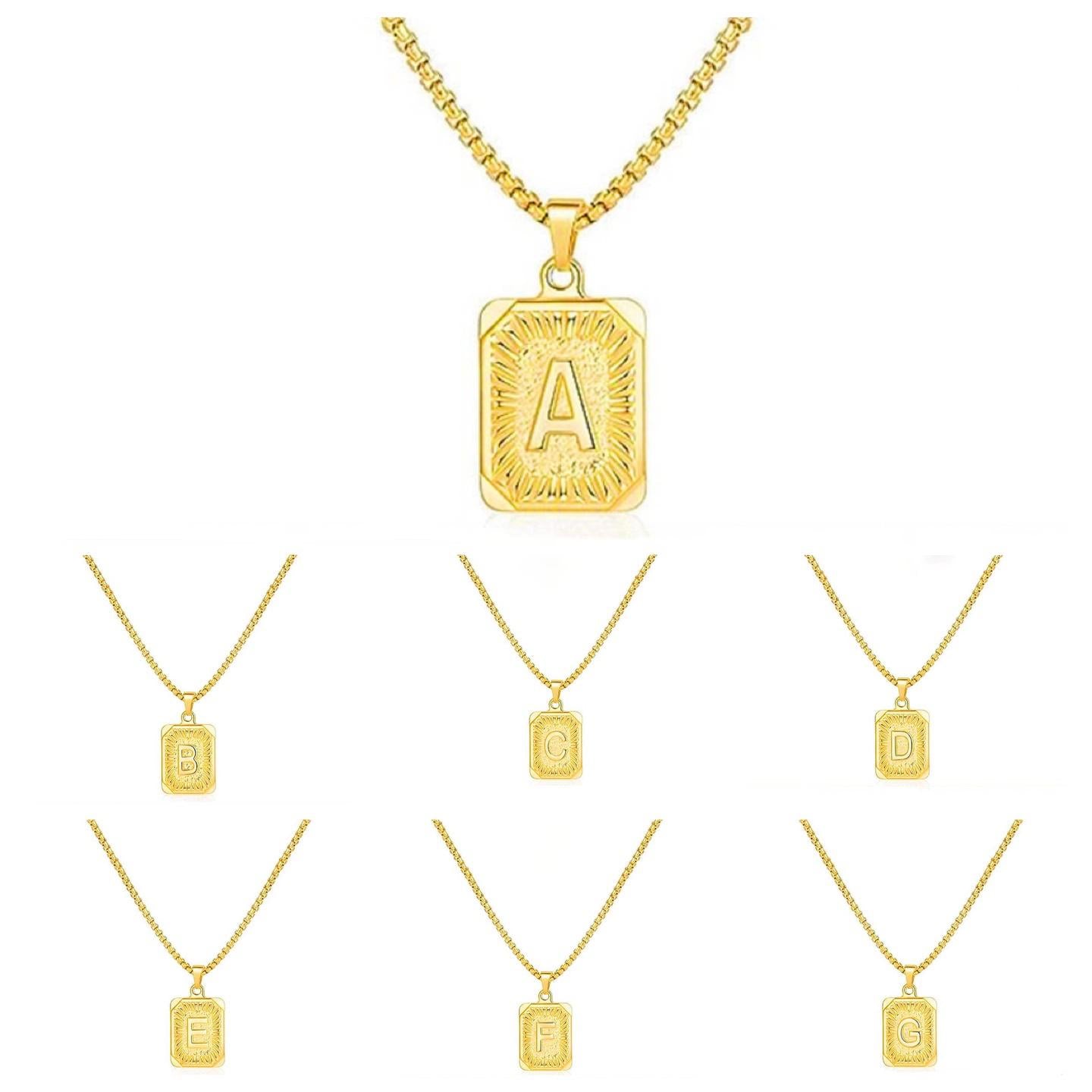 LN001:Initial A Z Letter Pendant Necklace Mens Womens Capital Letter Yellow Gold Plated Stainless Steel Box Chain