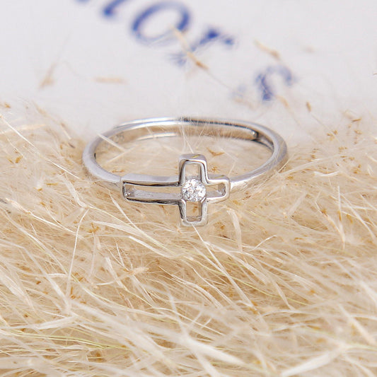 S925 Hollow Cross Charm Ring - Sterling Silver, Classic Cross Design with Center Zirconia Stone, Unique Religious Jewelry, Perfect Gift for Men and Women