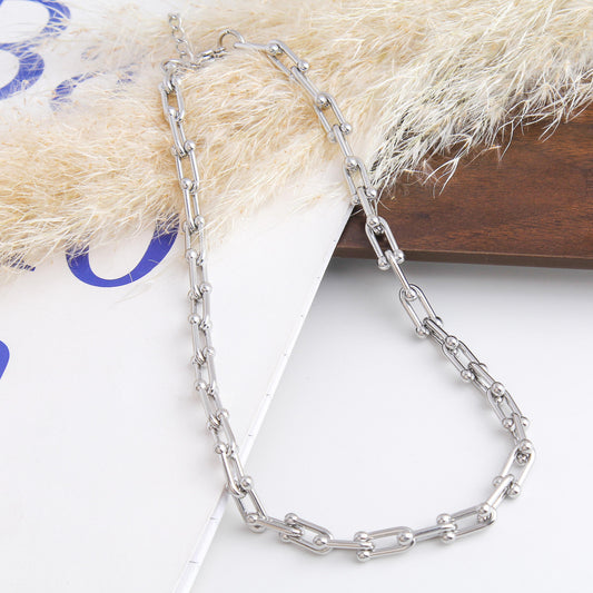 Stainless Steel Fashion Paperclip Chain Necklace for Woman – Minimalist Oval Link Design with Delicate Bead Accents, Modern and Elegant Jewelry for Everyday and Layering