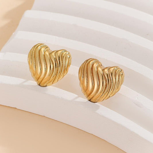 Heart-shaped Textured Earlobe Earrings – Stainless Steel, Nontarnish Earring, Ocean Style Hoop Earring for Women Waterproof ,Color Not Fade