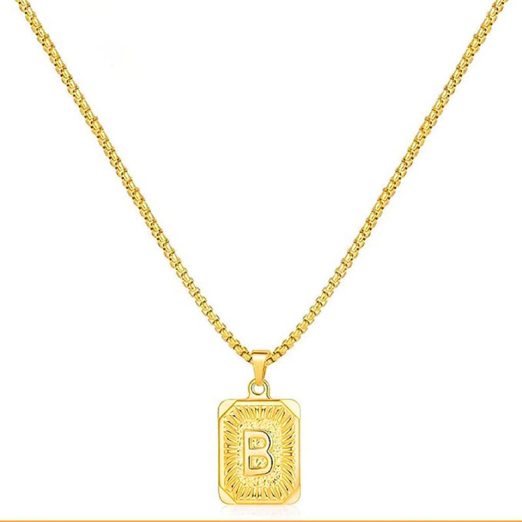 LN001:Initial A Z Letter Pendant Necklace Mens Womens Capital Letter Yellow Gold Plated Stainless Steel Box Chain