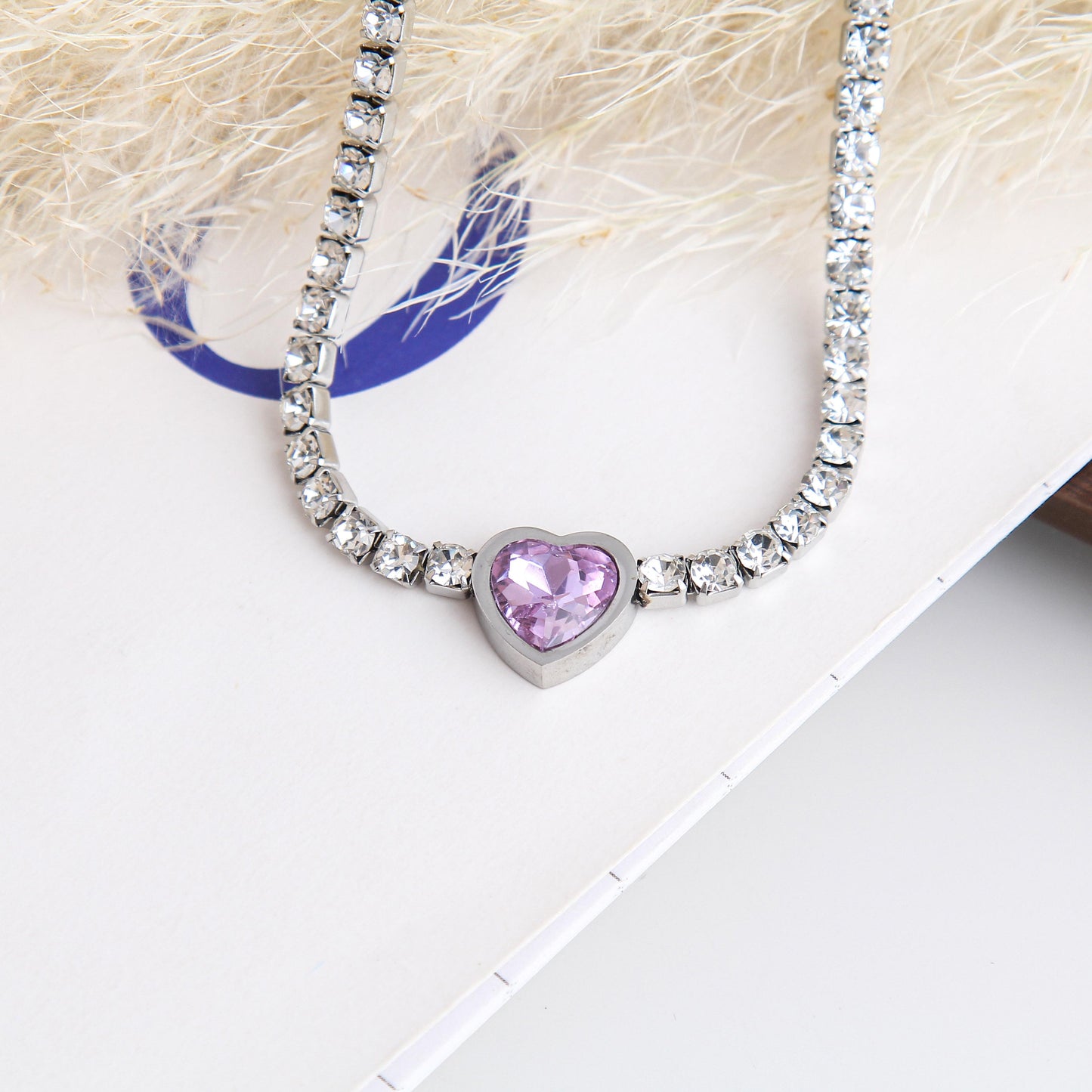 Purple Heart Tennis Necklace for Woman - Stainless Steel, Purple Heart-Shaped Zircon Pendant, Minimalist Luxury Style; Adjustable, Elegant and Versatile Jewelry for Daily Wear
