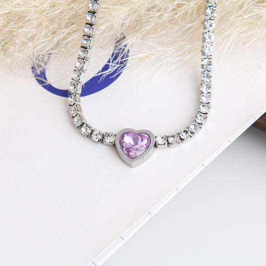 Purple Heart Tennis Necklace for Woman - Stainless Steel, Purple Heart-Shaped Zircon Pendant, Minimalist Luxury Style; Adjustable, Elegant and Versatile Jewelry for Daily Wear